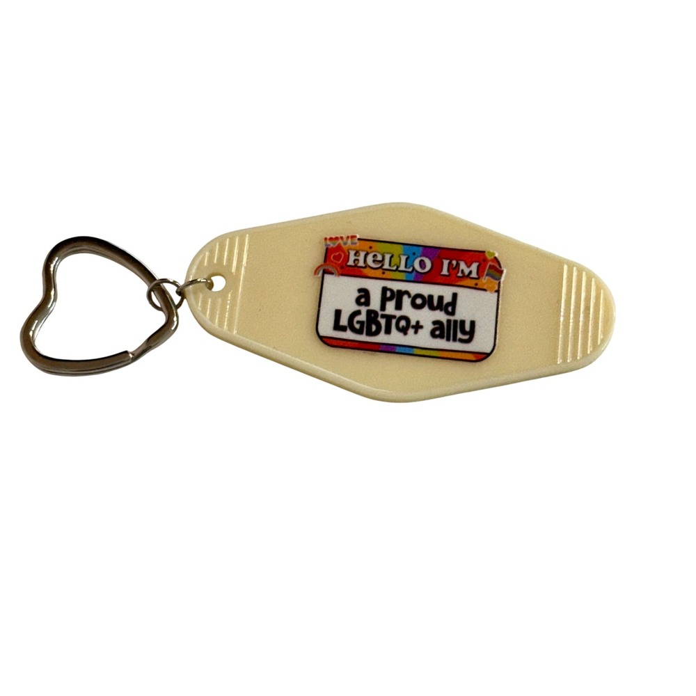 Proud LGBTQ+ Ally Retro Motel Keychain Cream Diamond Heart Ring Handcrafted